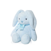 Soft light blue rabbit plush with floppy ears and a matching bow, 40 cm tall, sits upright, exuding coziness and charm.